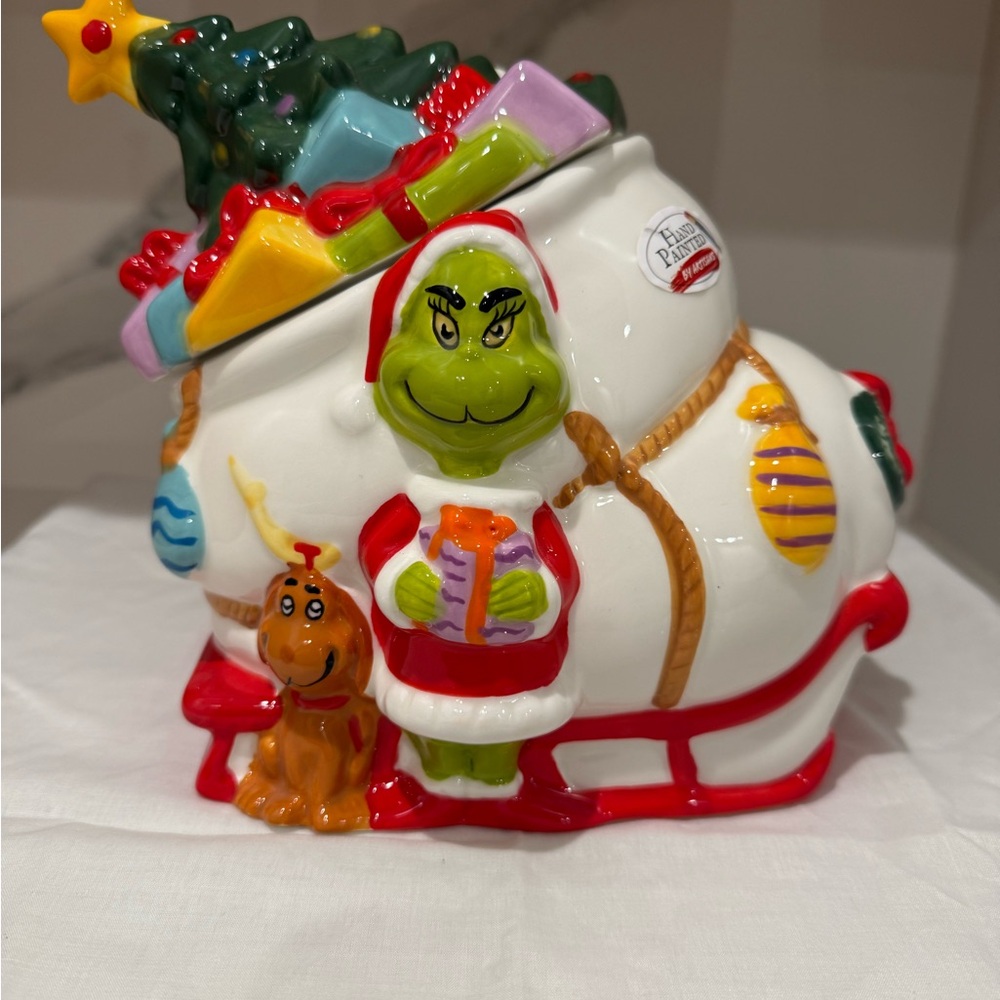 Dr Suess GRINCH Who Stole Christmas Cookie Jar Canister w/ Max Tree Sleigh New!